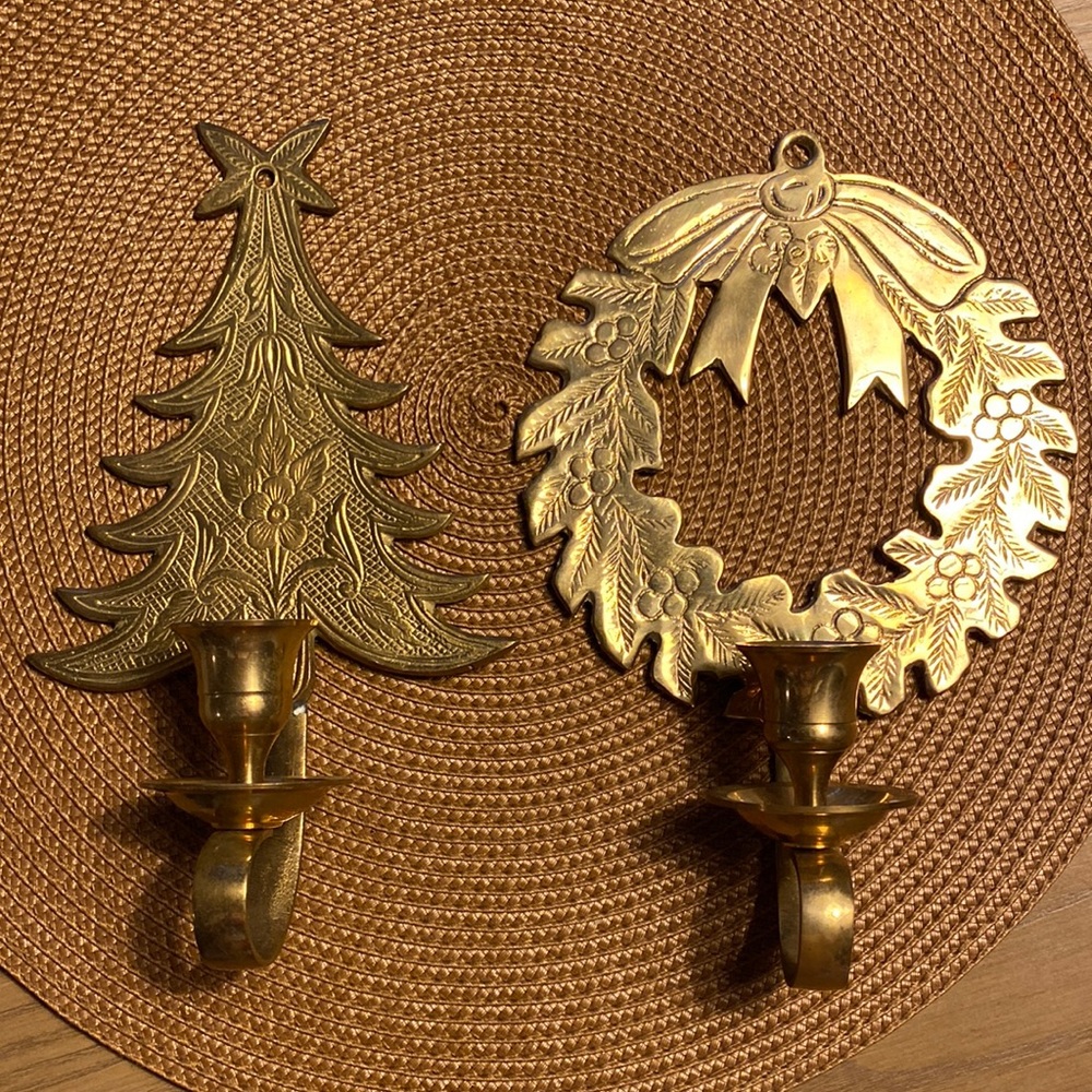 pair of vintage solid brass holiday candle stick holders